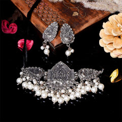 Women's Silver Plated Oxidised Tassel Pearls Choker Jewellery Set