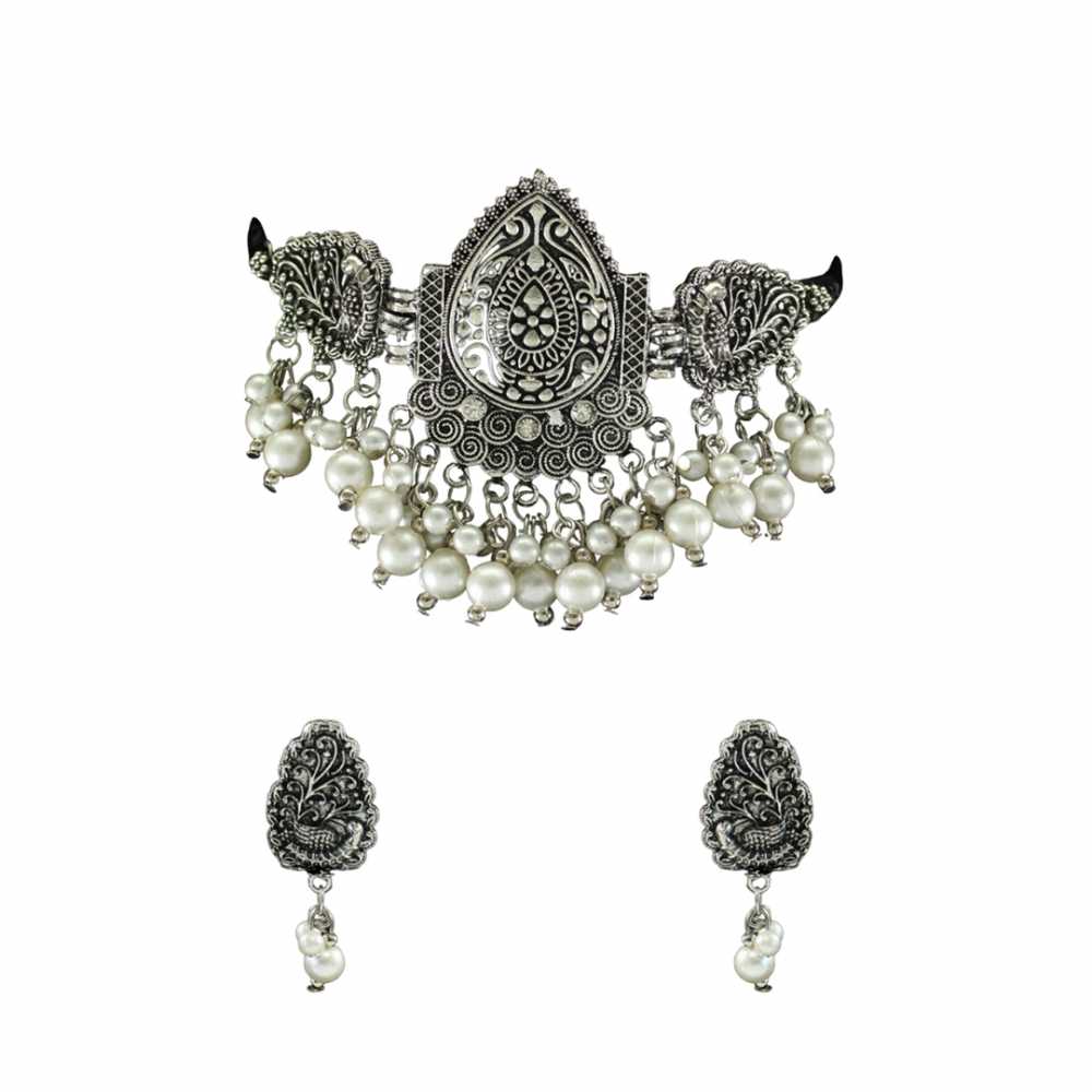 Women's Silver Plated Oxidised Tassel Pearls Choker Jewellery Set