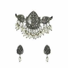 Women's Silver Plated Oxidised Tassel Pearls Choker Jewellery Set