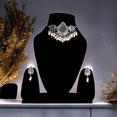 Women's Silver Plated Oxidised Tassel Pearls Choker Jewellery Set