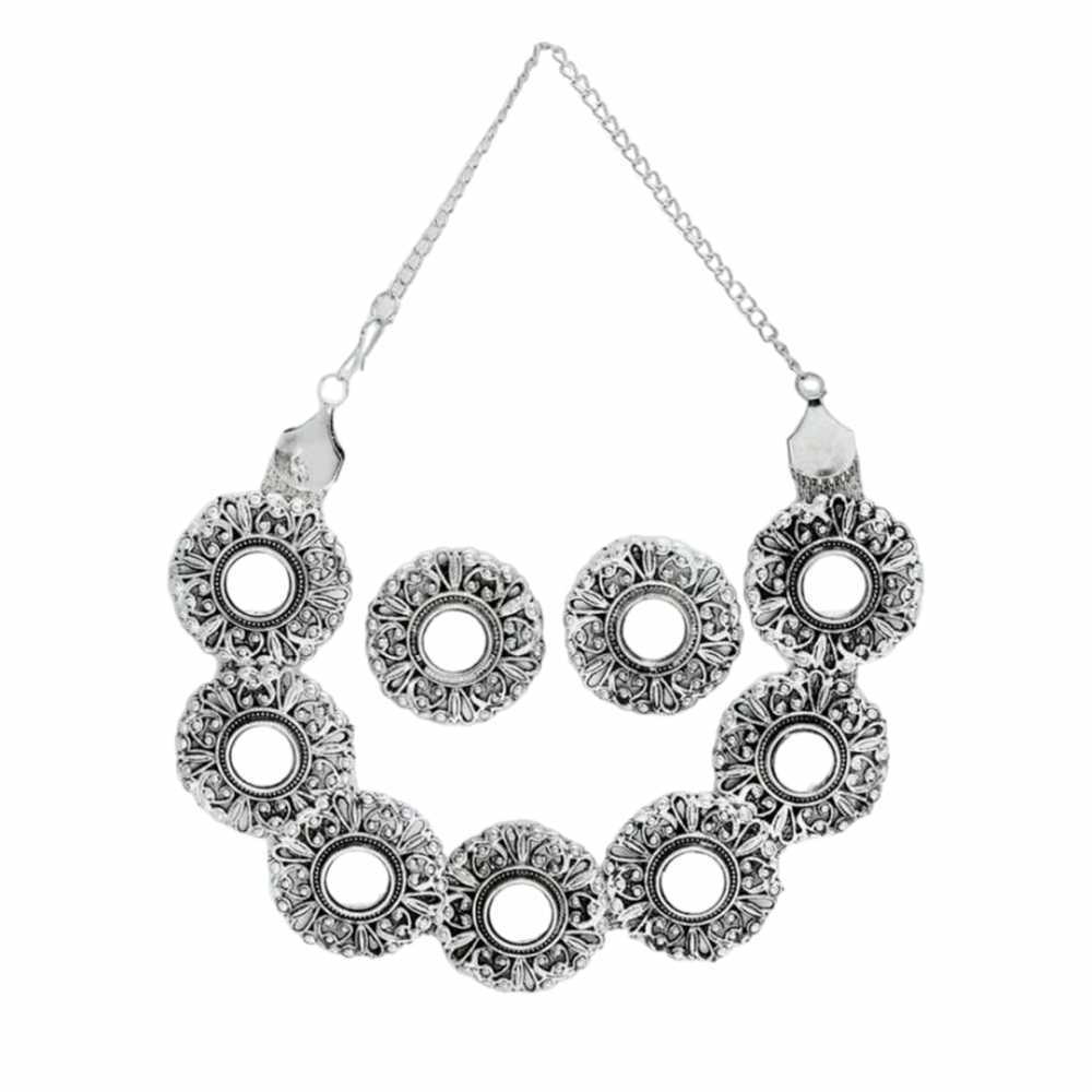 Women's Silver Plated Oxidised Floral Motif Mirror Engraved Jewellery Set