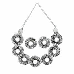 Women's Silver Plated Oxidised Floral Motif Mirror Engraved Jewellery Set