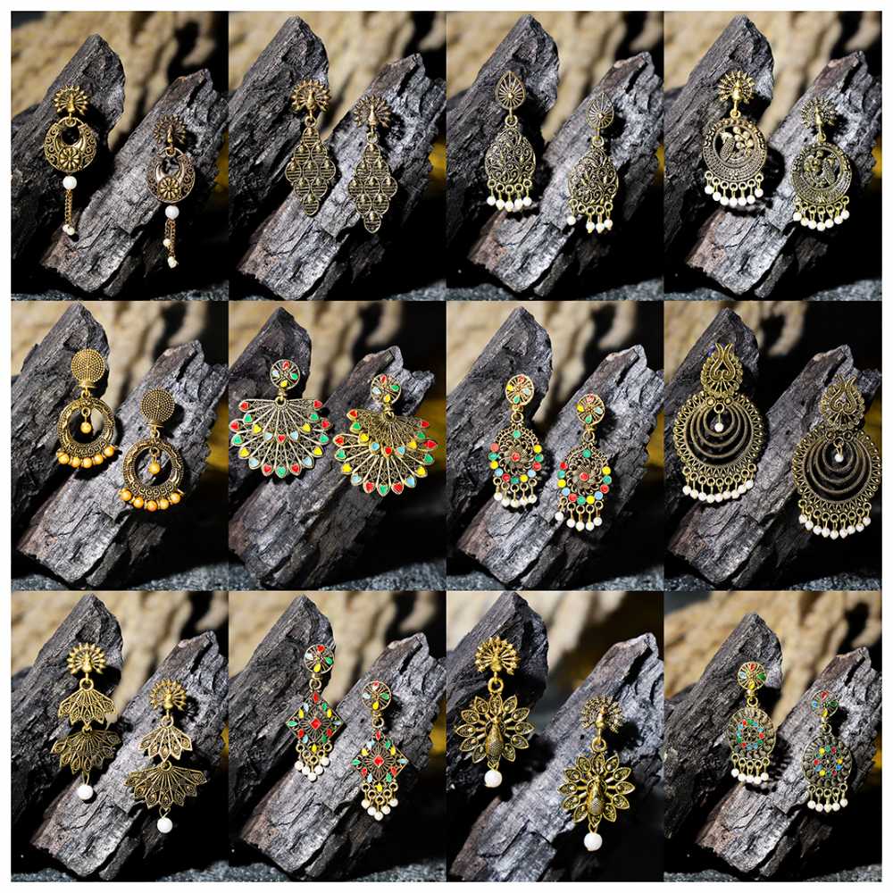 Women's Gold Plated Oxidised Combo Of 12 Multi Colour Enameled Dangling Earrings