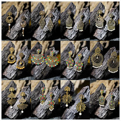 Women's Gold Plated Oxidised Combo Of 12 Multi Colour Enameled Dangling Earrings