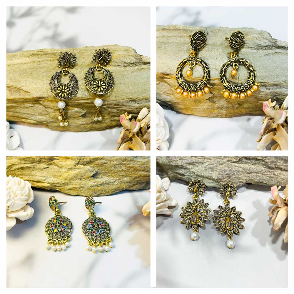 Women's Gold Plated Oxidised Combo Of 12 Multi Colour Enameled Dangling Earrings