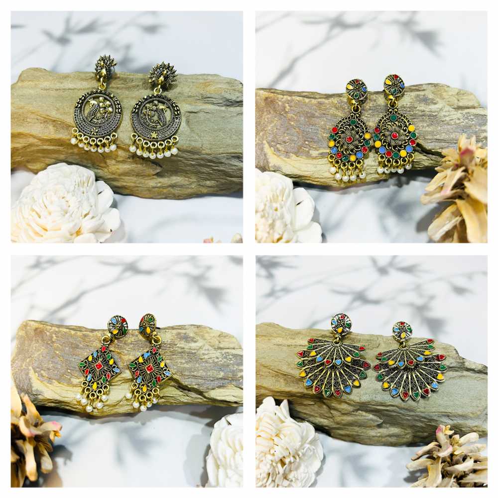 Women's Gold Plated Oxidised Combo Of 12 Multi Colour Enameled Dangling Earrings