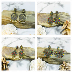 Women's Gold Plated Oxidised Combo Of 12 Multi Colour Enameled Dangling Earrings