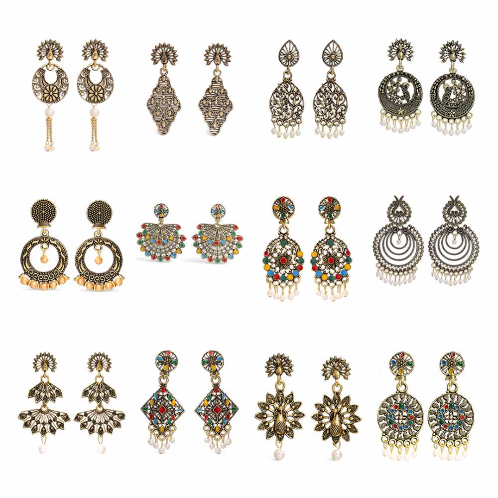Women's Gold Plated Oxidised Combo Of 12 Multi Colour Enameled Dangling Earrings
