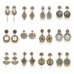 Women's Gold Plated Oxidised Combo Of 12 Multi Colour Enameled Dangling Earrings