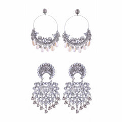 Women's Silver Plated Oxidised Combo Of 2 Dangling Earring