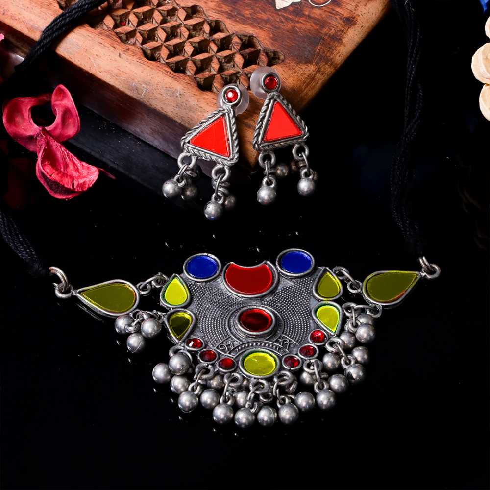Women's Oxidized Black Polish Colorful Mirror Jewelry Set