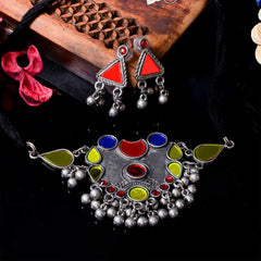 Women's Oxidized Black Polish Colorful Mirror Jewelry Set