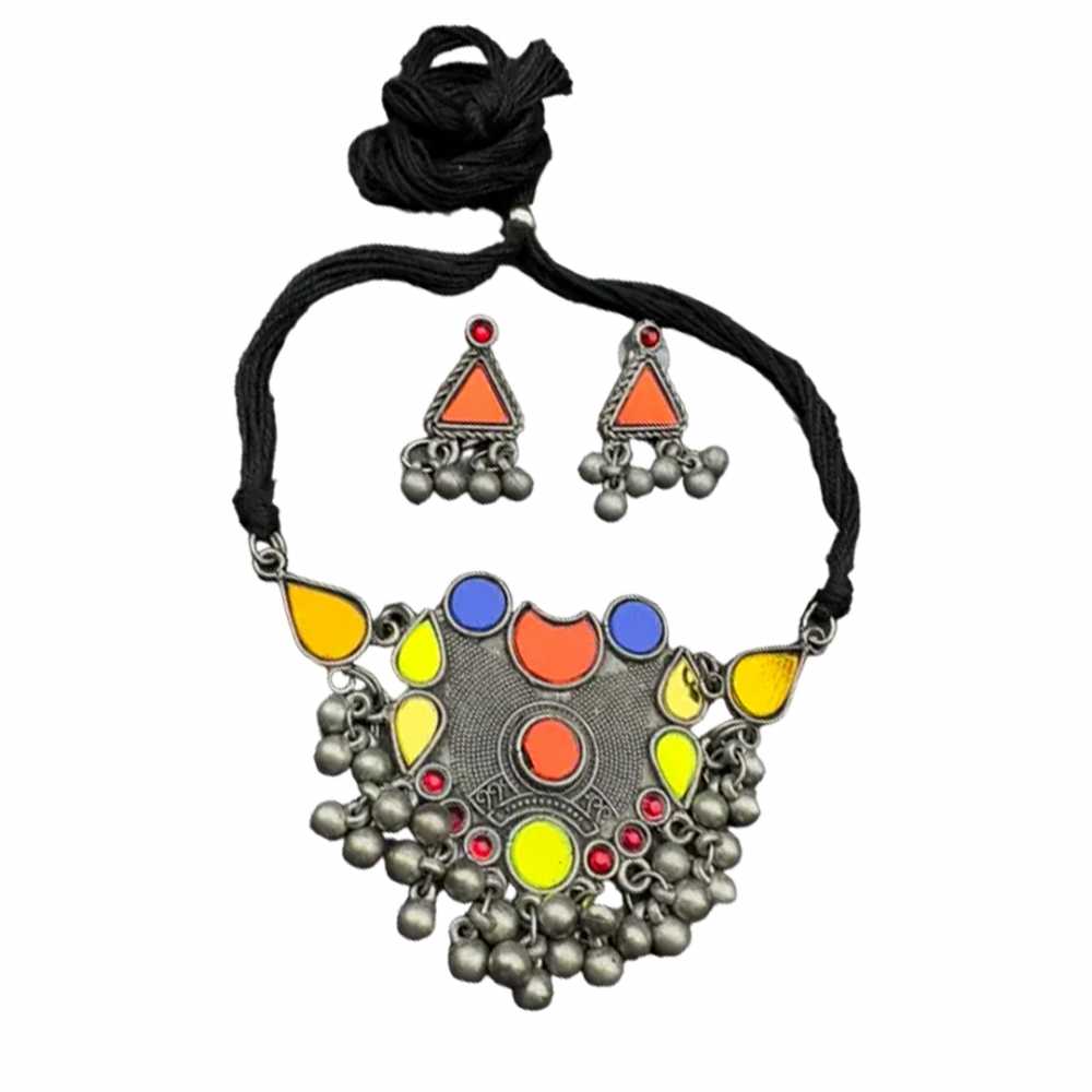 Women's Oxidized Black Polish Colorful Mirror Jewelry Set