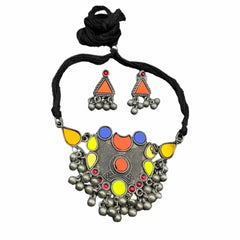 Women's Oxidized Black Polish Colorful Mirror Jewelry Set
