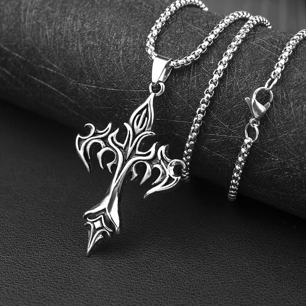 Unisex Gothic Stainless Steel Flame Cross Pendant Vintage Necklace