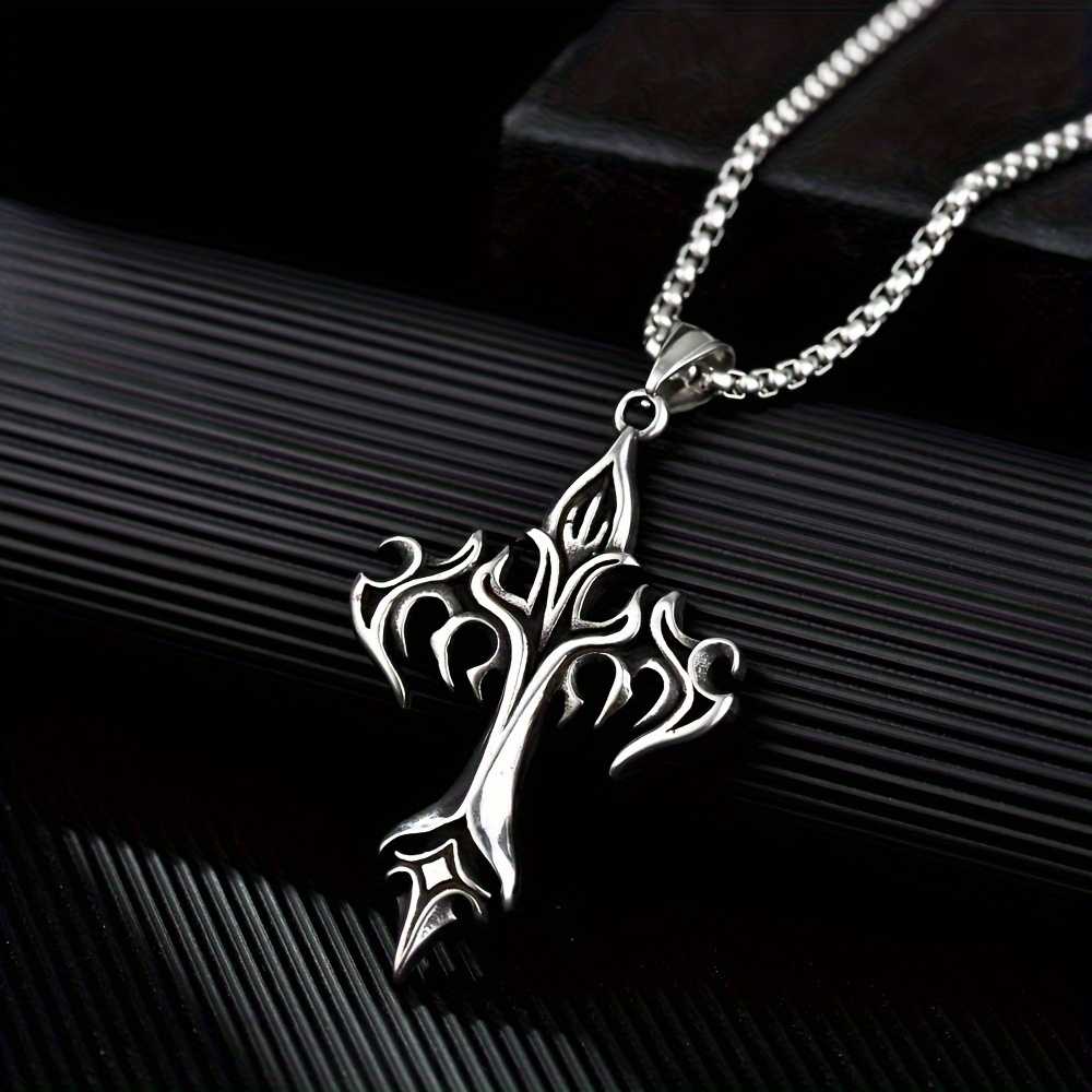 Unisex Gothic Stainless Steel Flame Cross Pendant Vintage Necklace
