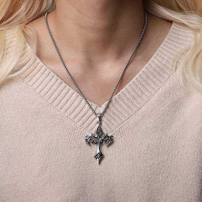 Unisex Gothic Stainless Steel Flame Cross Pendant Vintage Necklace