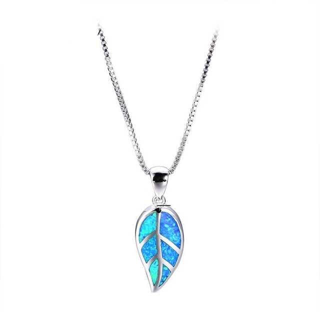 Women's Silver Plated Blue Opal Stone Studded Leaf Pendant Necklace