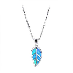 Women's Silver Plated Blue Opal Stone Studded Leaf Pendant Necklace
