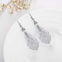 Women's Silver Oxidized Flower Carved Pattern Hook Earrings