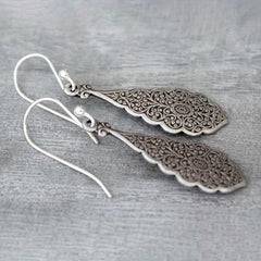 Women's Silver Oxidized Flower Carved Pattern Hook Earrings