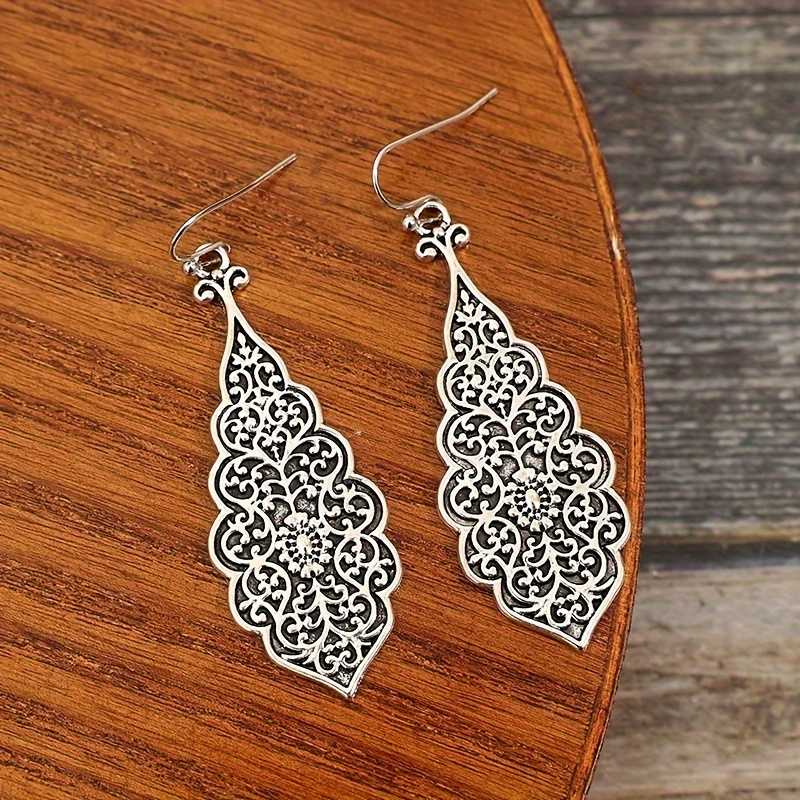 Women's Silver Oxidized Flower Carved Pattern Hook Earrings