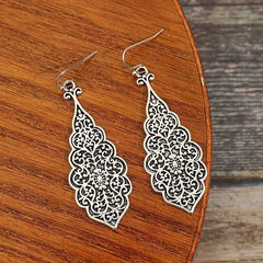 Women's Silver Oxidized Flower Carved Pattern Hook Earrings