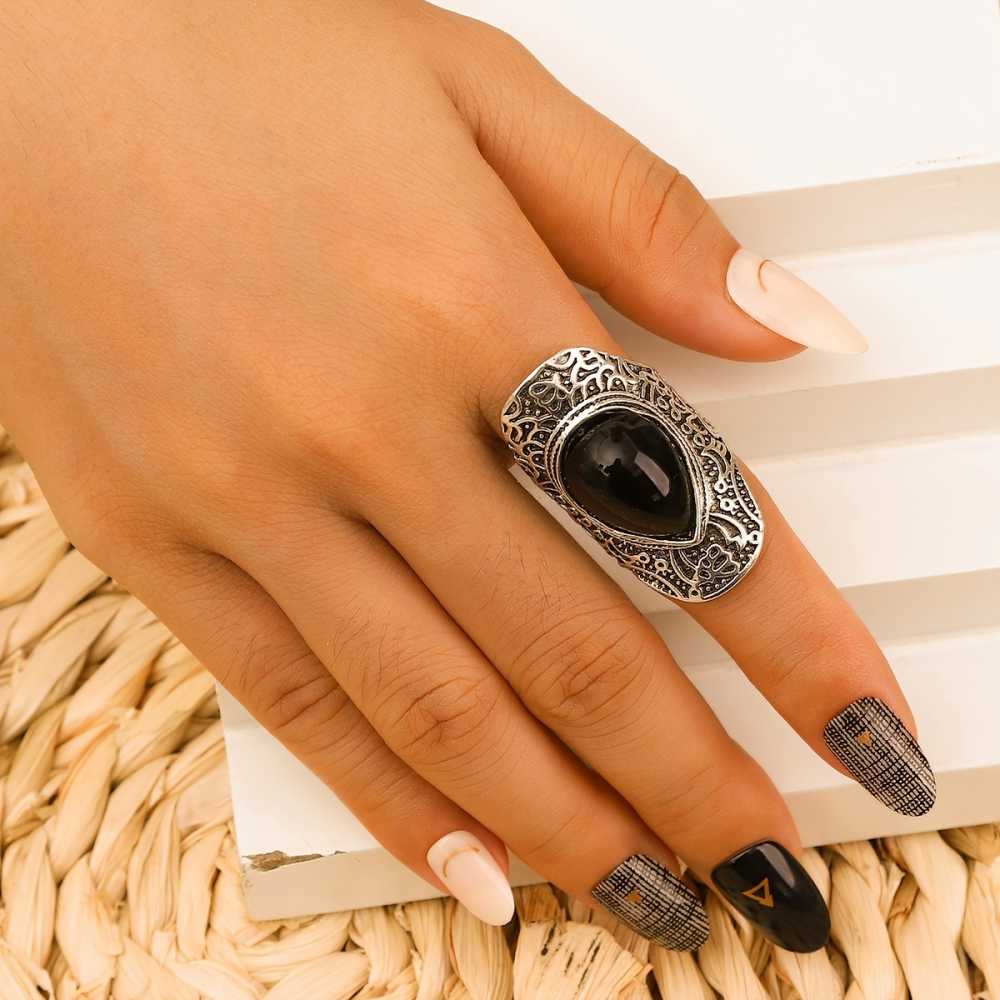 Women&rsquo;s Obsidian Stacked Rings Combo Hip Hop Rock Style Vintage 4PC