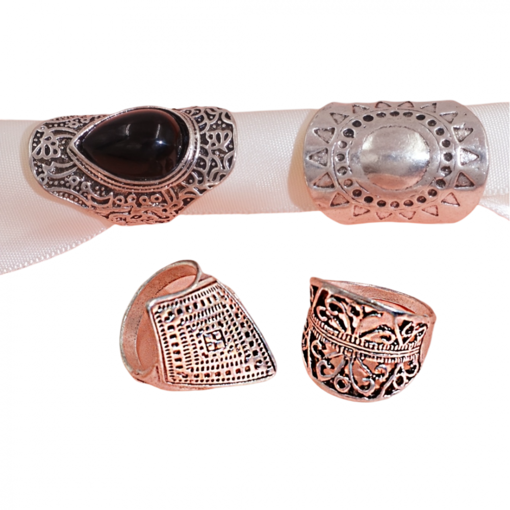Womenu2019s Obsidian Stacked Rings Combo Hip Hop Rock Style Vintage 4PC
