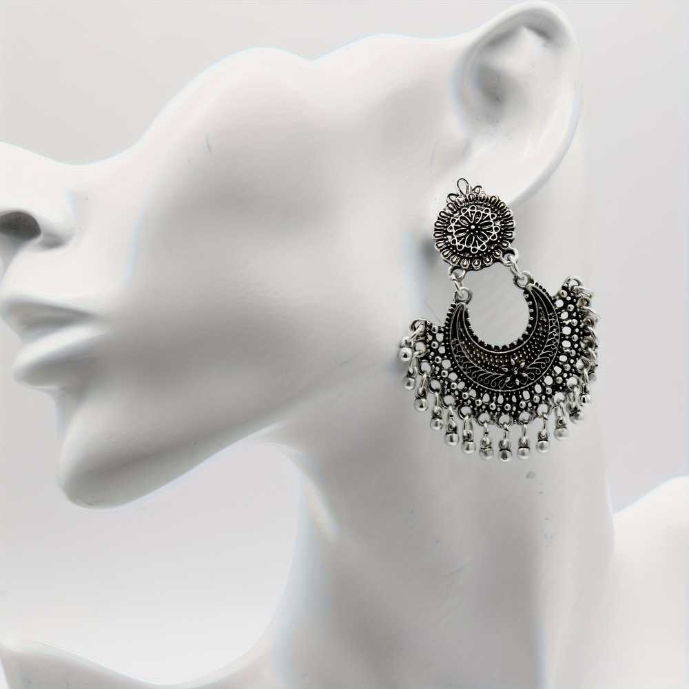 Women's Silver Plated Floral Crescent Earrings with Dangling Beads
