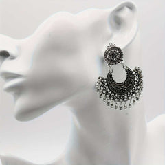Women's Silver Plated Floral Crescent Earrings with Dangling Beads