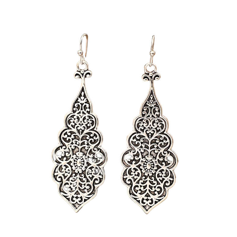 Women's Silver Oxidized Flower Carved Pattern Hook Earrings