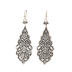 Women's Silver Oxidized Flower Carved Pattern Hook Earrings