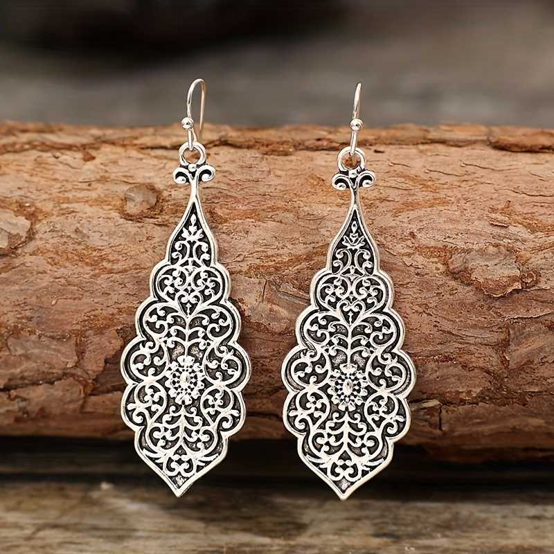Women's Silver Oxidized Flower Carved Pattern Hook Earrings