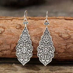 Women's Silver Oxidized Flower Carved Pattern Hook Earrings