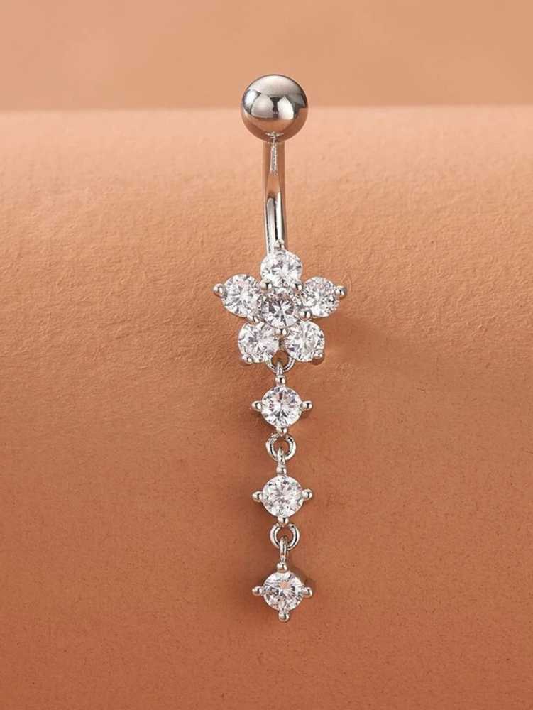 Women's Silver Plated Cubic Zirconia Flower Decor Navel Ring