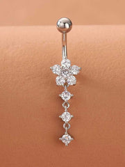 Women's Silver Plated Cubic Zirconia Flower Decor Navel Ring