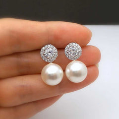 Women's Silver Plated Pearl Stud Drop Earrings with Cubic Zirconia