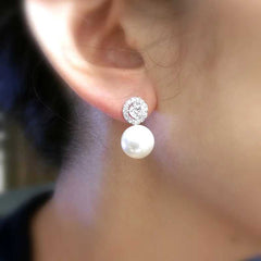 Women's Silver Plated Pearl Stud Drop Earrings with Cubic Zirconia