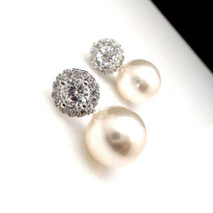 Women's Silver Plated Pearl Stud Drop Earrings with Cubic Zirconia