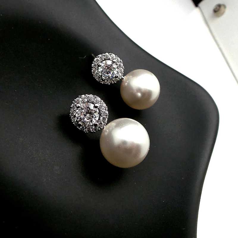 Women's Silver Plated Pearl Stud Drop Earrings with Cubic Zirconia