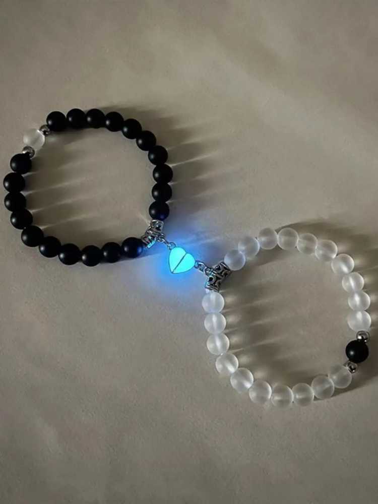 Unisex Stainless Steel Dazzling Luminous Crown Heart Beads Magnetic Bracelet