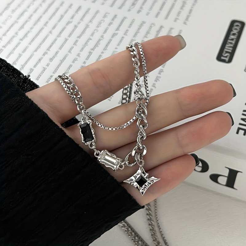 Men's Silver Plated Zirconia Baguette Double Layered Star Pendant Necklace
