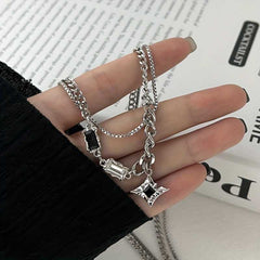Men's Silver Plated Zirconia Baguette Double Layered Star Pendant Necklace