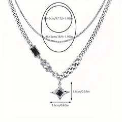 Men's Silver Plated Zirconia Baguette Double Layered Star Pendant Necklace
