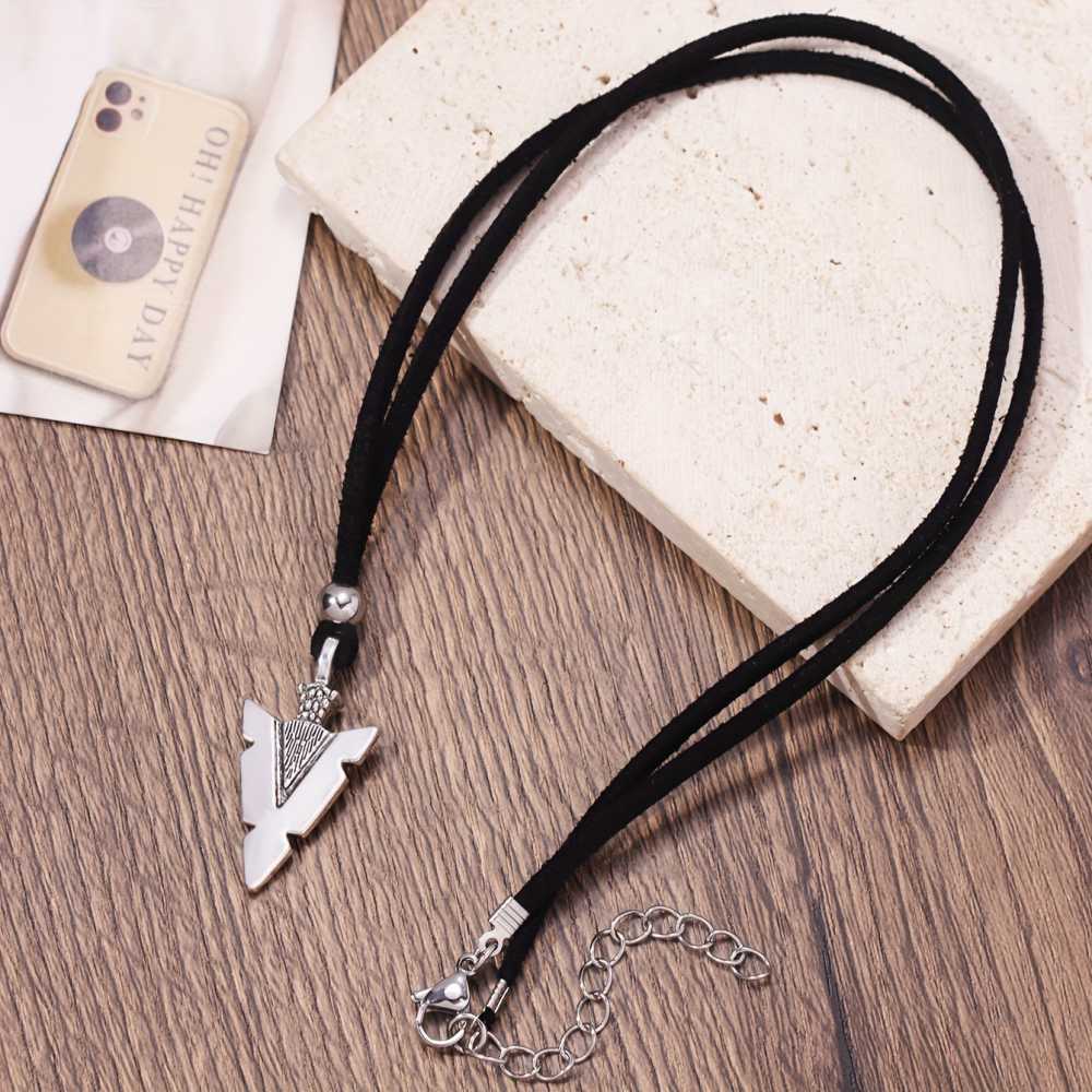 Men's Silver Triangle Arrow Pendant with Black Rope Necklace