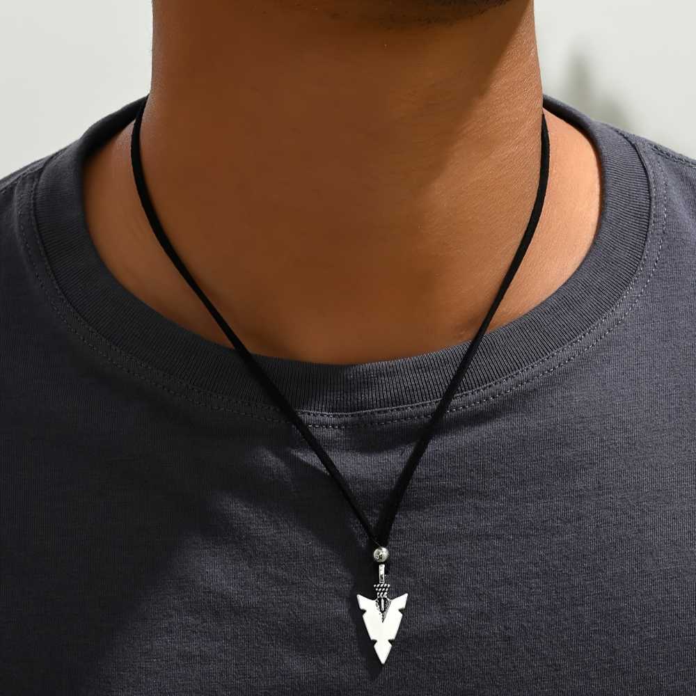Men's Silver Triangle Arrow Pendant with Black Rope Necklace