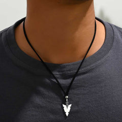Men's Silver Triangle Arrow Pendant with Black Rope Necklace