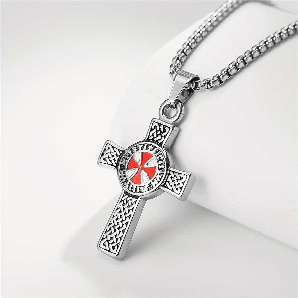 Men's Silver Plated Templar Cross Pendant Chain Necklace with Lobster Clasp