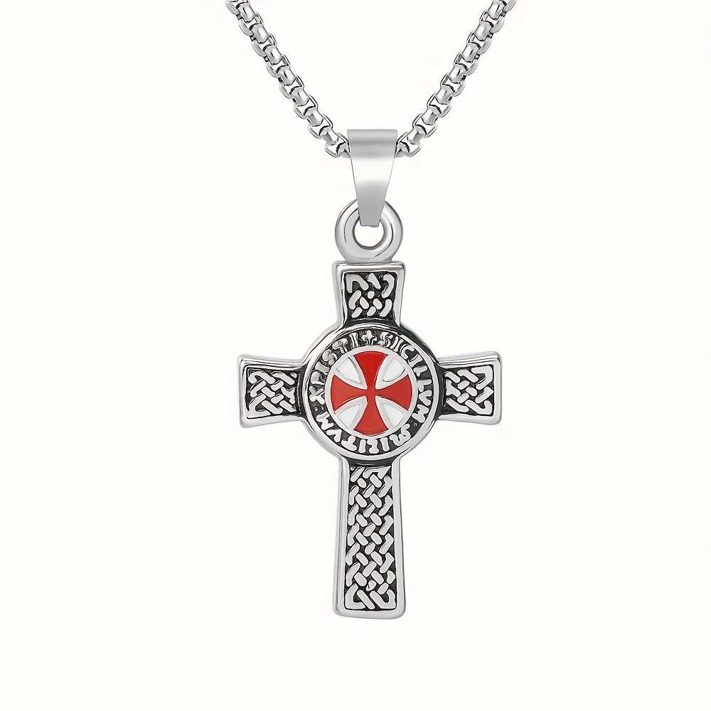 Men's Silver Plated Templar Cross Pendant Chain Necklace with Lobster Clasp